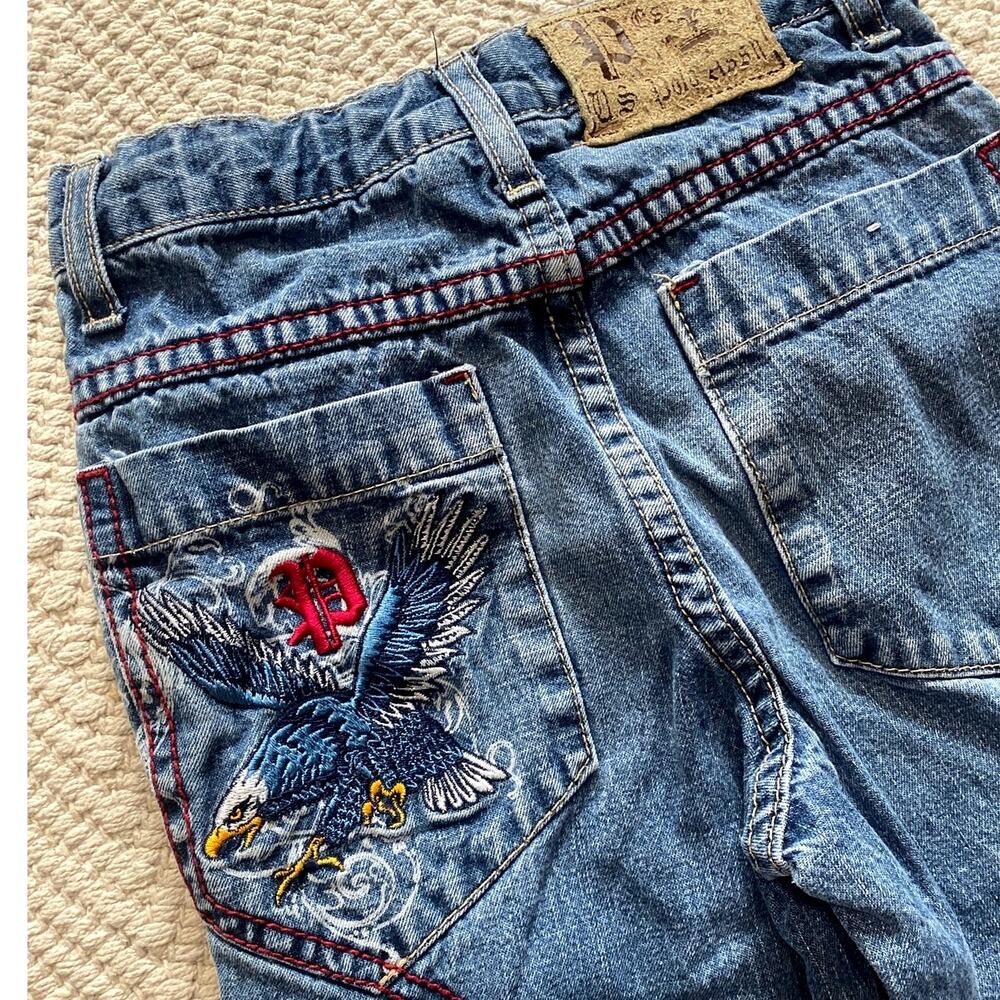 US Polo Assn Boys Embroidered Eagle Jeans Size 5 6 Adjustable Waist Denim Y2K